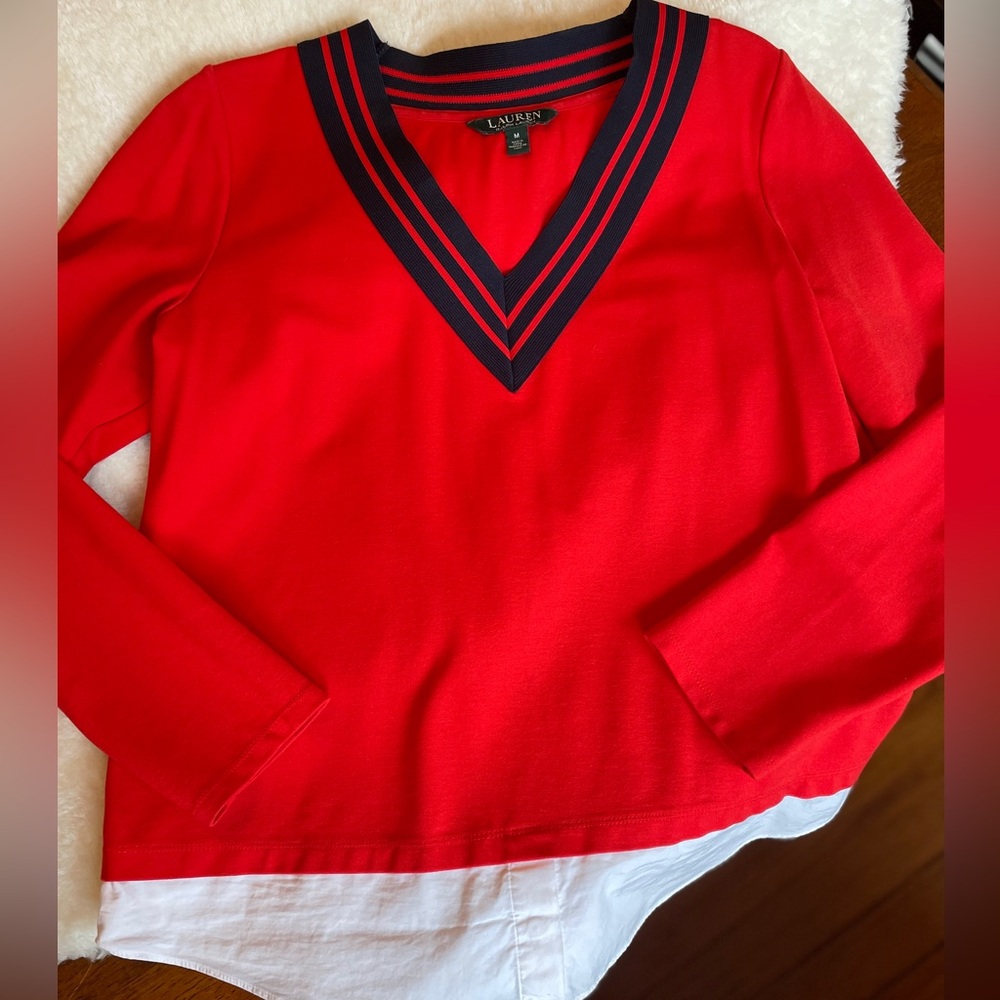 Preppy! Lauren by Ralph Lauren bright red layered look V neck with navy stripe